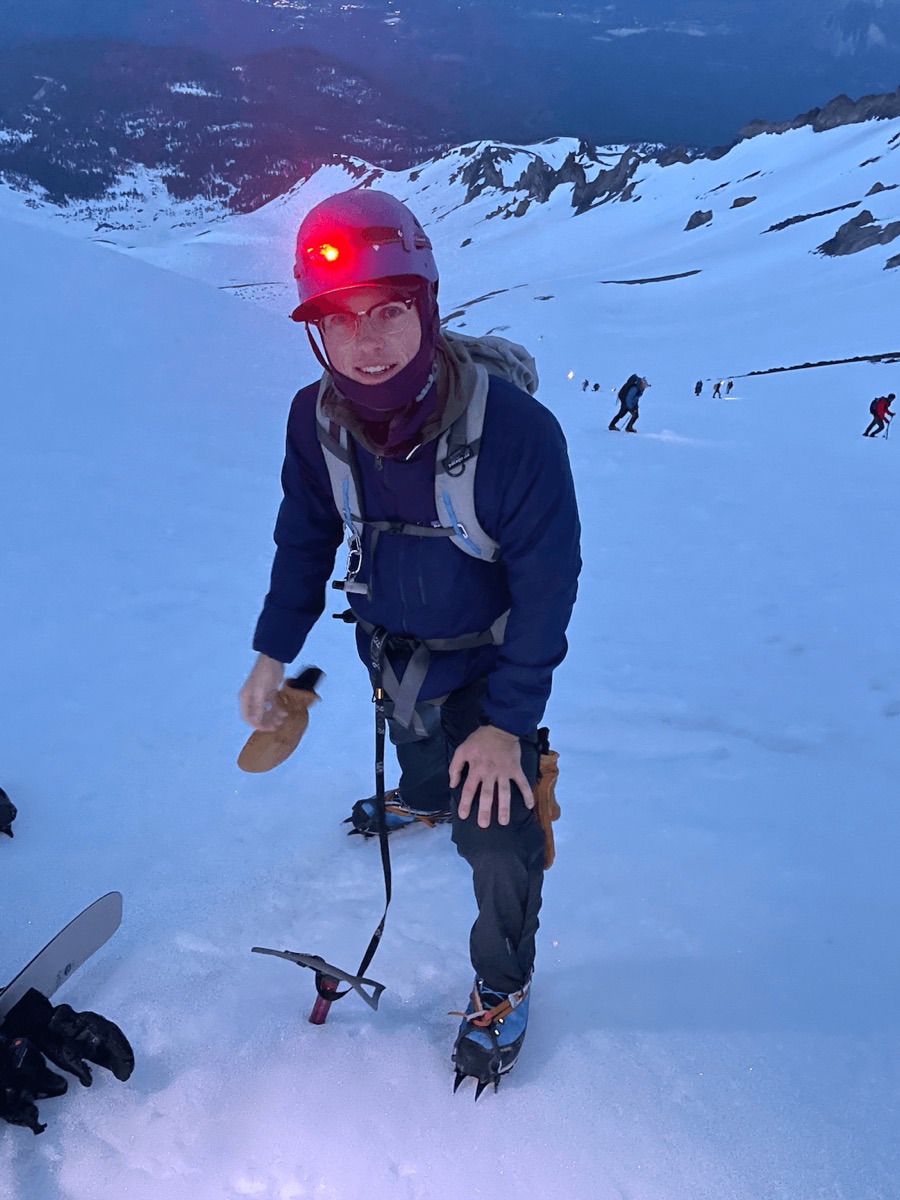 Benjamin climbing Mount Shasta in the early morning